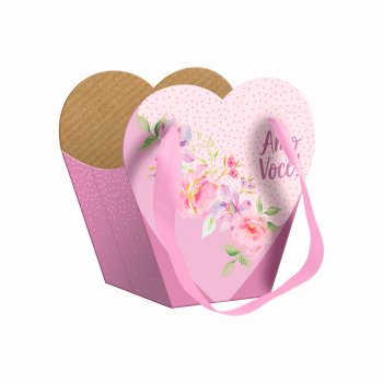 Caixa Coração c/ Alça de Cetim Flora 19cmx12xmx19cm 4pç Rosa/Lilás