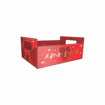 Cesta Retangular Eterno Amor c/ Hot Stamping 21cmx15cmx6,5cm 4pc Vermelho/Ouro