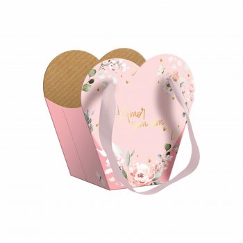 Caixa Coração c/ Alça de Cetim Amor Sem Fim c/ Hot Stamping 19cmx12xmx19cm 4pç Rosa