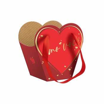 Caixa Coração c/ Alça de Cetim Eterno Amor c/ Hot Stamping 19cmx12xmx19cm 4pç Vermelho/Ouro