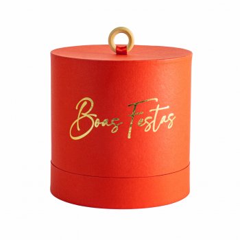 Caixa Rígida Panetone c/ Pingente Boas Festas c/Hot Stamping 19cmx19cm 1pç Vermelho/Ouro