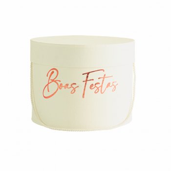 Caixa Rígida c/ Alça Lumiar Boas Festas c/Hot Stamping 19,5cmx15cm 1pç Off White/Bronze