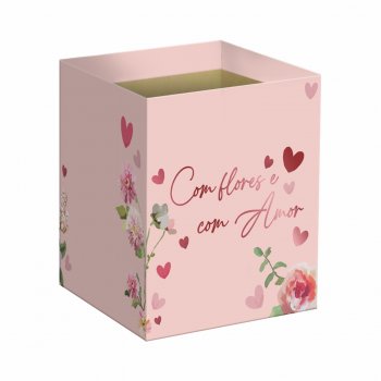 Cachepot Quadrado Flores Com Amor c/ Hot Stamping 14,5cmx14,5cmx15,5cm 10pc Rosé Claro
