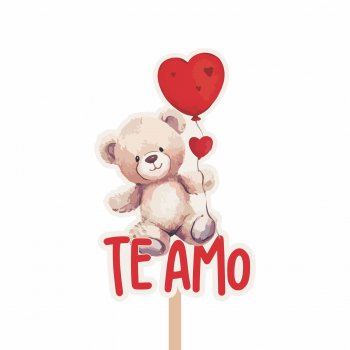 Pick MDF Urso - Te Amo 62mmx98mm 1pç Natural/Vermelho