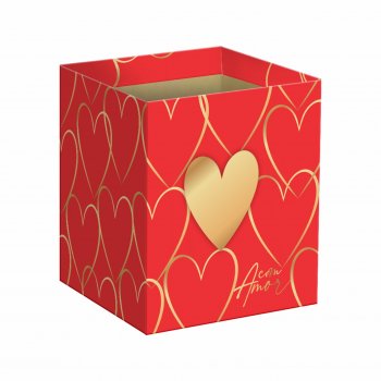 Cachepot Quadrado Modern Love c/ Hot Stamping 14,5cmx14,5cmx15,5cm 10pc Vermelho/Ouro