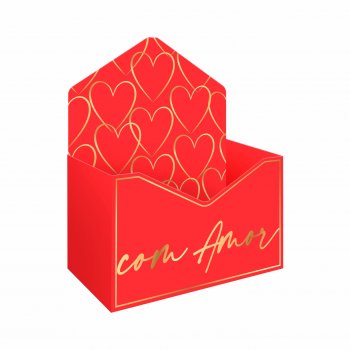Caixa Envelope Modern Love c/ Hot Stamping 22cmx12cmx13cm 3pç Vermelho/Ouro