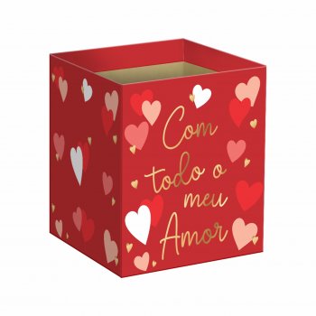 Cachepot Quadrado Com Todo Meu Amor c/ Hot Stamping 14,5cmx14,5cmx15,5cm 10pc Vermelho